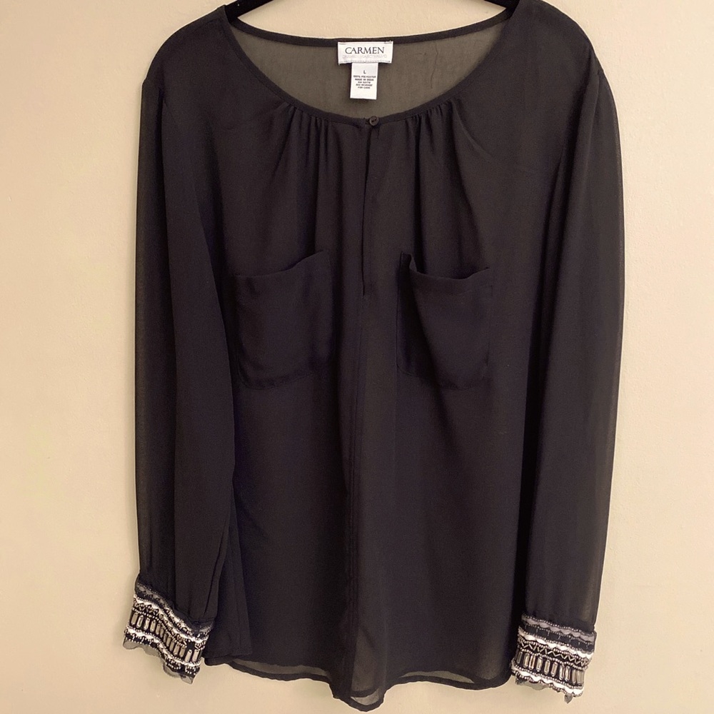 CARMEN MARC VALVO Sheer Long Sleeve Blouse